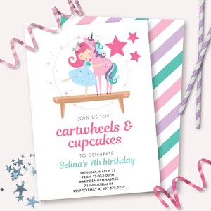 Gymnastics Birthday Invitation - Printable Cupcakes and Cartwheels Tumbling Party Invite - Customizable Magical Unicorn Decoration - 0166