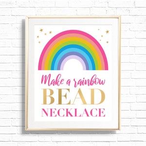 Rainbow Party Sign - Printable Gold & Bright Rainbow Birthday Party Table Decor - Make a rainbow Bead Necklace Craft Activity Print - 0005