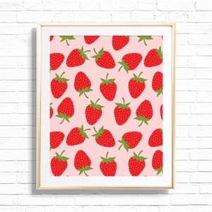 Strawberry Pattern Print - Printable Pink Berry Sweet Girl Birthday Party Gift Table Decor - Berry First Strawberry Art Print - 0013