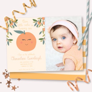Little Cutie Clementine Photo Invitation - Printable Orange Birthday Party Invite - Customizable Instant Citrus First Birthday - 0001
