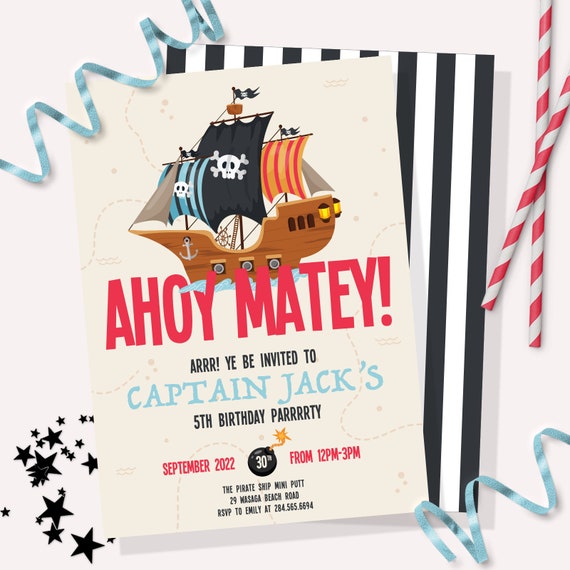 Pirate Party Invitation Printable Ahoy Matey Captain 1st Birthday Party  Invite Customizable Treasure Map Party Decoration 0079 