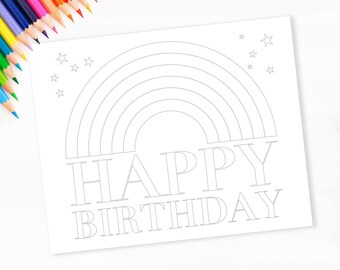 Rainbow Coloring Page - Printable Happy Birthday Rainbow Party Coloring Craft Activity - Rainbow Colour Page Art Print - 0005