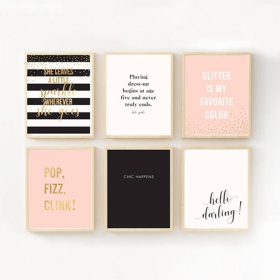glitter dress quotes Fashion Art Print Set - Printable Blush Pink Makeup Closet Wall - Pop Fizz Clink - is My Favorite Color color:Yellow