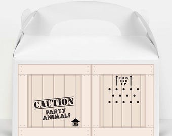 Etykieta na pudełko upominkowe Safari - do wydrukowania Wild One Party Animals 1st Birthday Party Favour Gable - Etykiety na pudełko upominkowe - Zoo Crate - 0048