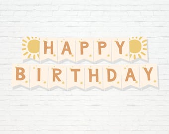 Sun Happy Birthday Banner - Druckbare erste Reise um die Sonne Wimpelkette - Digital Sunshine Banner Geburtstagsdekoration Neutrale Girlande - 0014