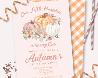 May include: A blush pink birthday party invitation with watercolor pumpkins and floral accents. The text reads "Our Little Pumpkin is turning One" and "Autumn's 1st Birthday Party". Includes a gingham envelope and decorative ribbon.