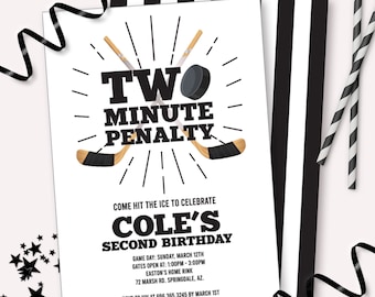 May include: A hockey-themed birthday invitation for a second birthday party. The invitation features a black and white striped background with a hockey stick and puck graphic. The text reads "Two Minute Penalty" and "Cole's Second Birthday". The invitation includes the date, time, location, and RSVP information.