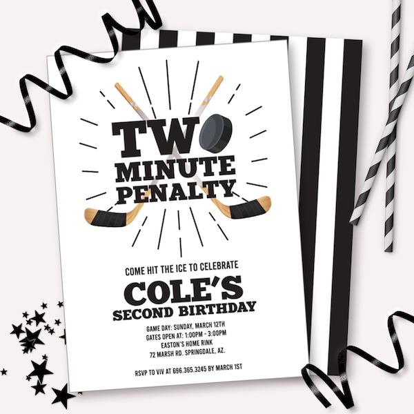 Hockey Birthday Invitation - Printable Two Minute Penalty 2nd Second Birthday Party Invite - Customizable Ice Skating Sports Decor - 0095