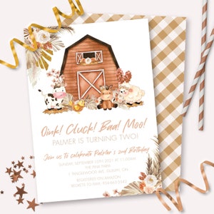Boho Barn Invitation - Printable Brown Country Barnyard First Birthday Party Invite - Customized Pampas Farm Animals 1st Girls Decor - 0055