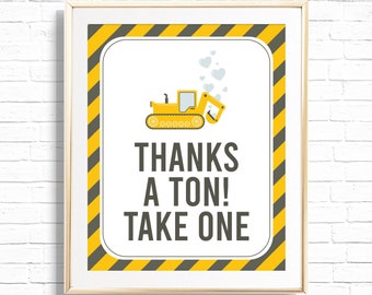 Thanks A Ton Sign - Printable Construction 1st Birthday Party Gift Favors Table Decor - Yellow Dump Truck Heavy Machinery - 0018
