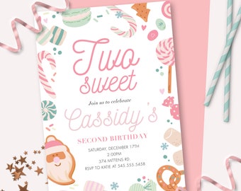 Two Sweet Invitation - Printable Pink Second Christmas Cookie Birthday Party Invite - Customizable Holiday Baking Sugar Sweets Decor - 0160
