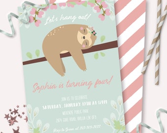 Sloth Birthday Invitation - Printable Zoo Animal Sloth First Birthday Party Invite - Customizable Girls Hang Out Party - 0028