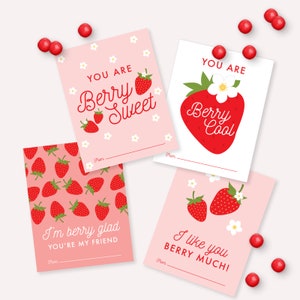 Strawberry Valentine's Day Cards - Printable Boho berry daisy Kids Classroom Valentines Gift - Valentine puns DIY Tag - Cookie Card 0013