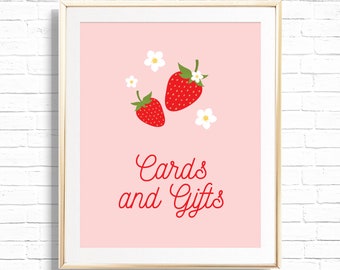 Strawberry Cards & Gifts Sign - Printable Strawberry Daisy Berry First 1st Birthday Party Gift Table Decor - Two Sweet Art Print - 0013