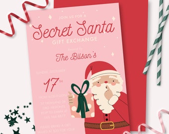 May include: A pink Secret Santa gift exchange invitation with a Santa Claus illustration. The invitation includes the text "Secret Santa Gift Exchange" and event details. A red envelope and decorative elements complete the design.