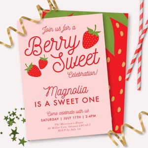 Strawberry Invitation - Printable Berry Sweet 1st Birthday Party Invite - Customizable Berry First Strawberry Decor - Sweet One Theme - 0013