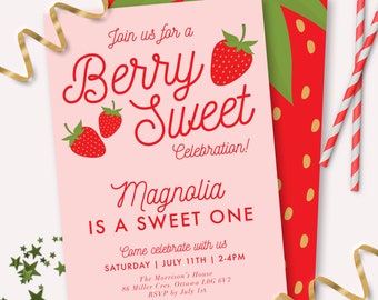 Strawberry Invitation - Printable Berry Sweet 1st Birthday Party Invite - Customizable Berry First Strawberry Decor - Sweet One Theme - 0013