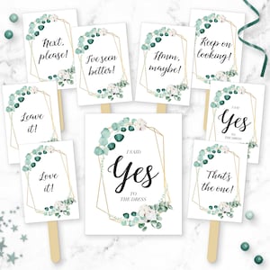 ドレスに「YES」と言いましょう サイン バンドル - ユーカリとコットンの水彩画プリント可能 「はい」と言いました ウェディングドレス ショッピング パドル - ブライダル ゲーム - WPEuc