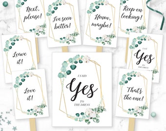 Say YES To The Dress Signs Bundle -Eucalyptus & Cotton Watercolor Printable I said Yes Wedding Dress Shopping Paddles - Bridal Game - WPEuc