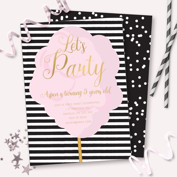 Pink Cotton Candy Themed Birthday Party Invitation - Printable Sweet Celebration Invite - Customizable Candy Land - Instant Download Il_570xn