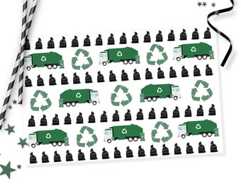 May include: A white background with a repeating pattern of green garbage trucks, black garbage bags, and green recycling symbols.