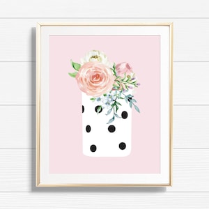 Polka Dot Vase with Florals Art Print - Printable  Inspired Flower Home Decor - Chic Office Gallery Home Decor Wall Sign - BMG