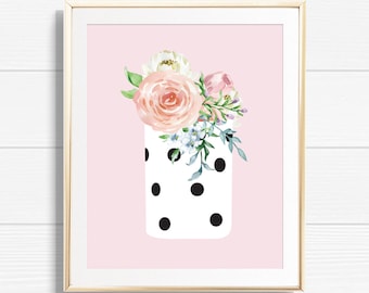 Polka Dot Vase with Florals Art Print - Printable  Inspired Flower Home Decor - Chic Office Gallery Home Decor Wall Sign - BMG