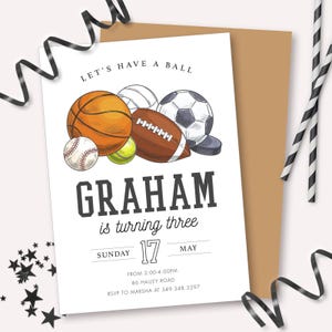 Let&#39;s Have A Ball Invitation - Printable Sports Invite - Basketball Football Soccer Baseball Birthday Party Invite - Game Time Theme - 0170