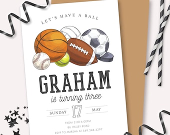 Let's Have A Ball Invitation - Printable Sports Invite - Basketball Football Soccer Baseball Birthday Party Invite - Game Time Theme - 0170