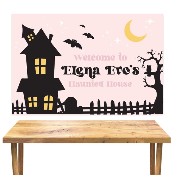 Haunted House Backdrop - Printable Halloween Birthday Pink Halloween Welcome Sign Party Poster - Personalized Ghost Wall Background - 0049 Il_570xn