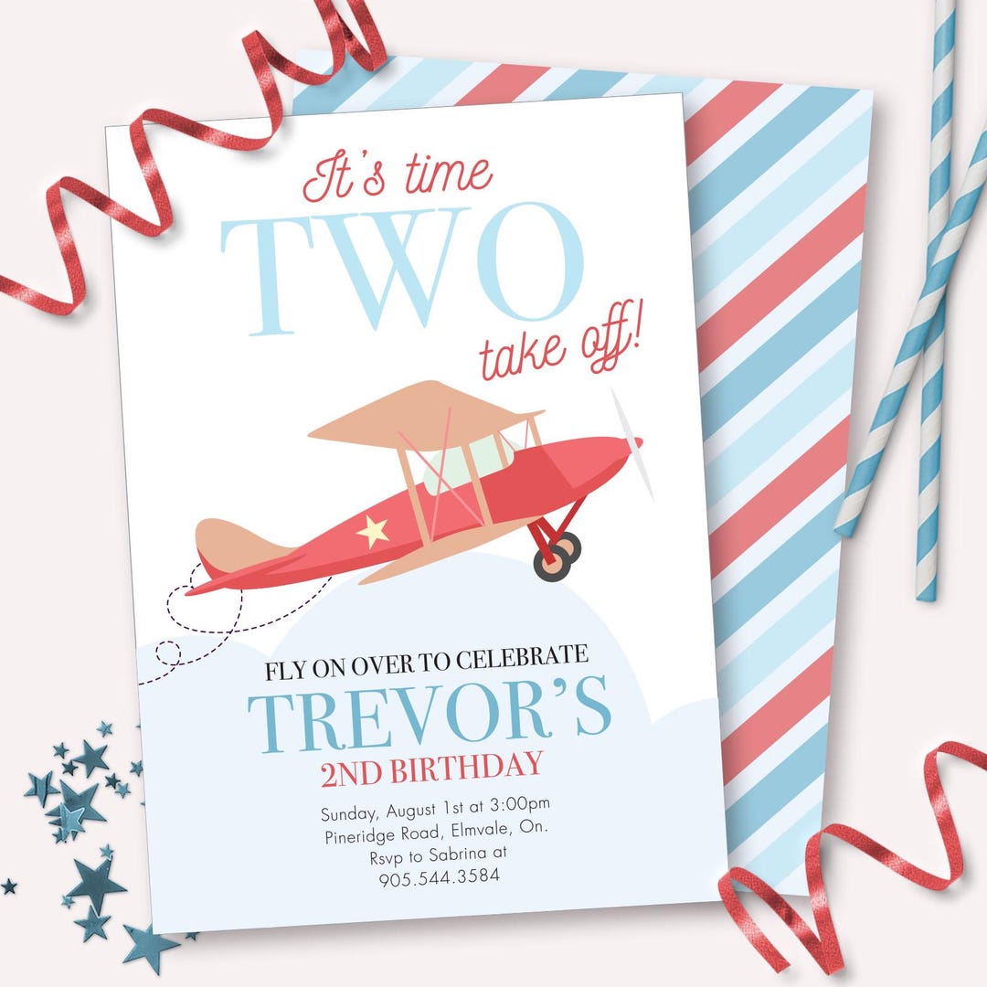 Take Flight Invite Vintage Airplane Invitation - Printable Time TWO Take off 2nd Birthday ...