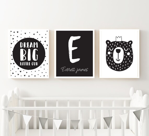 Modern Black & White Nursery Art Print Set - Printable Little Cub Monochromatic Art - Personalized Monogram Prints - Instant - #BwND Il_570xn