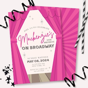 Broadway Theatre Invitation - Printable Movie Night Birthday Party Invite - Pink Curtains Drama Acting Musical Theatre party Decor - 0149