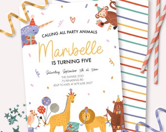 Party Animals Invitation - Printable Rainbow Zoo Animal Birthday Party Invite - Customizable Safari Jungle Theme Party Decor - 0164
