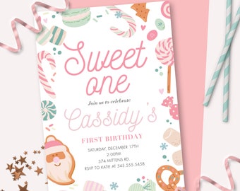 Sweet One Invitation - Printable Pink First Christmas Cookie Birthday Party Invite - Customizable Holiday Baking Sugar Sweets Decor - 0160