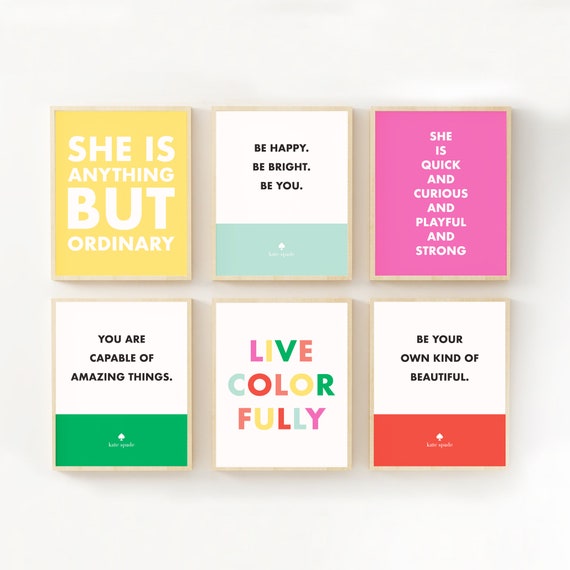 Kate Spade Inspired Fashion Art Print Set Printable Bright Colorful Wall Hangings Quotes Live Colorfully Bright Rainbow Printable Art By Prim Popping Catch My Party