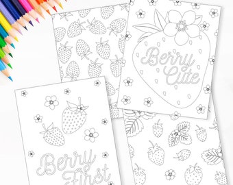 Strawberry Coloring Pages - Printable Very Berry First Sweet Birthday Placemat - Kid's Activity Placemats - Berry Sweet game print - 0013