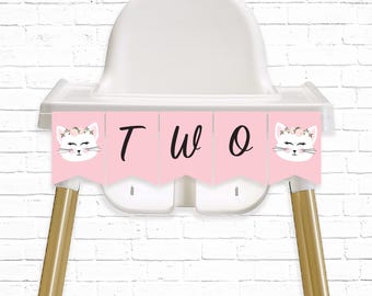 Kitty Cat Party 2nd Birthday Highchair Banner - Printable Kitten meow TWO Bunting Banner - Kitty Second Birthday Party Decor - 0061