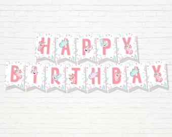 Banner de feliz cumpleaños de ajolote - Imprimible: linda salamandra ajolote rosa con sombreros de fiesta, guirnalda de fiesta - Decoración de fiesta bajo el mar - 0134