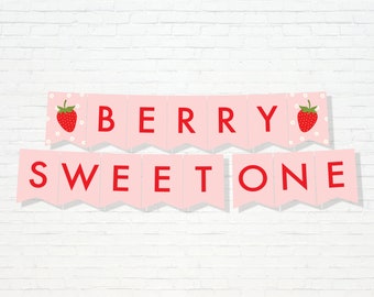 Strawberry Birthday Banner - Printable Berry Sweet One Happy Birthday !st Bunting Banner - Pink Berry First Strawberry Party Decor - 0013