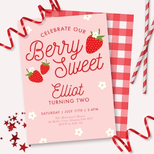 Strawberry Invitation - Printable Berry Sweet Second 2nd Birthday Party Invite - Customizable Strawberry Decor - Sweet One Theme - 0013