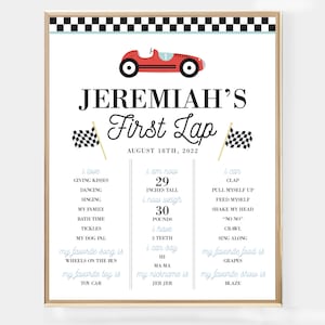 Car Milestone Poster - Printable Vintage Race Car First Birthday Birth Stats Memory Chart - Personalized First Lap Around Track Decor - 0067