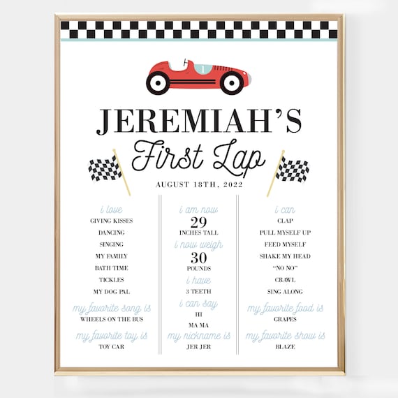 Car Milestone Poster - Printable Vintage Race Car First Birthday Birth Stats Memory Chart - Personalized First Lap Around Track Decor - 0067 Il_570xn