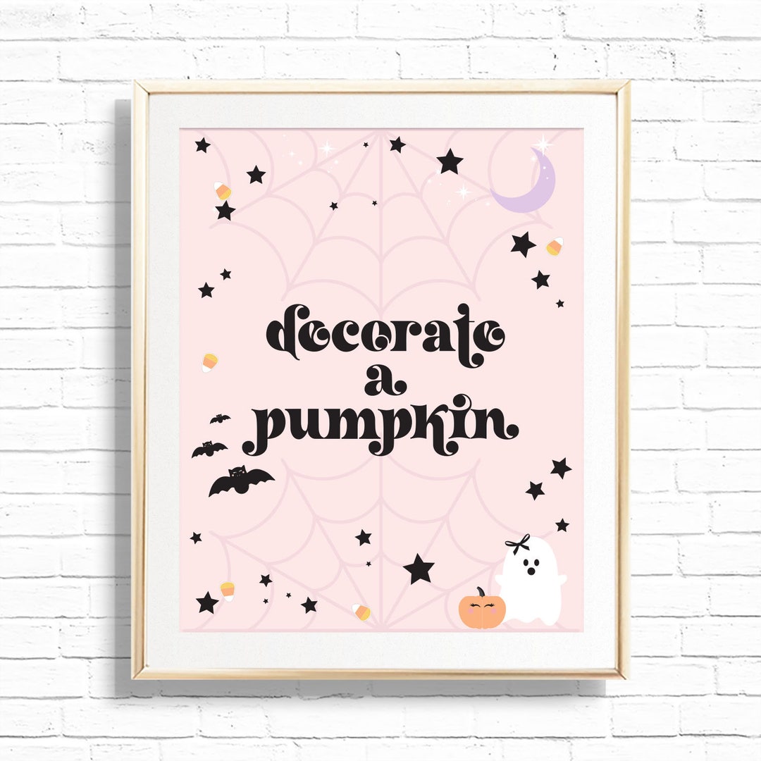Decorate A Pumpkin Sign Printable Pink Halloween Boy Birthday Party Kids Activity Sign ...