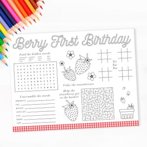 Strawberry Activity Page - Printable Berry Sweet First Birthday Party Decor Placemat Coloring Sheet - Kids Entertainment Game Sheet - 0113