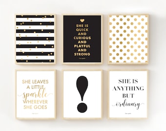 Fashion Art Print Set - Printable Gold Wall Quotes - Anything But Ordinary - Leaves a Little Sparkle - She is quick