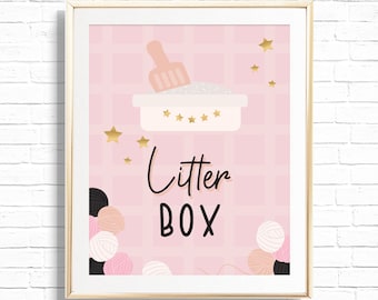 Puede incluir: Un cartel rosa y blanco con estrellas doradas y el texto "Litter Box" en letra negra. El cartel presenta una ilustración de una caja de arena rosa con una pala y arena blanca.