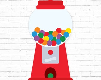 May include: A red gumball machine with a clear globe filled with colorful gumballs. The machine has a red base and a silver coin slot.
