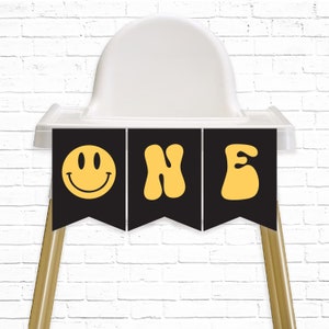 One Happy Dude Highchair Banner - Printable Smile Face ONE First Birthday Party Bunting - Retro Happy Dude Baby Chair Party Decor - 0111