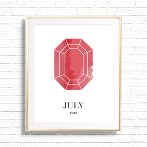 Puede incluir: Impresión enmarcada con una ilustración de una gema de rubí roja. La gema tiene una forma geométrica con contornos blancos. Las palabras "JULY" y "RUBY" están impresas en negro debajo. El marco es dorado.